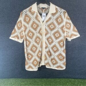 Morse Code Crochet Shirt Mens XXL Khaki Natural Button Down Cotton Blend Acrylic